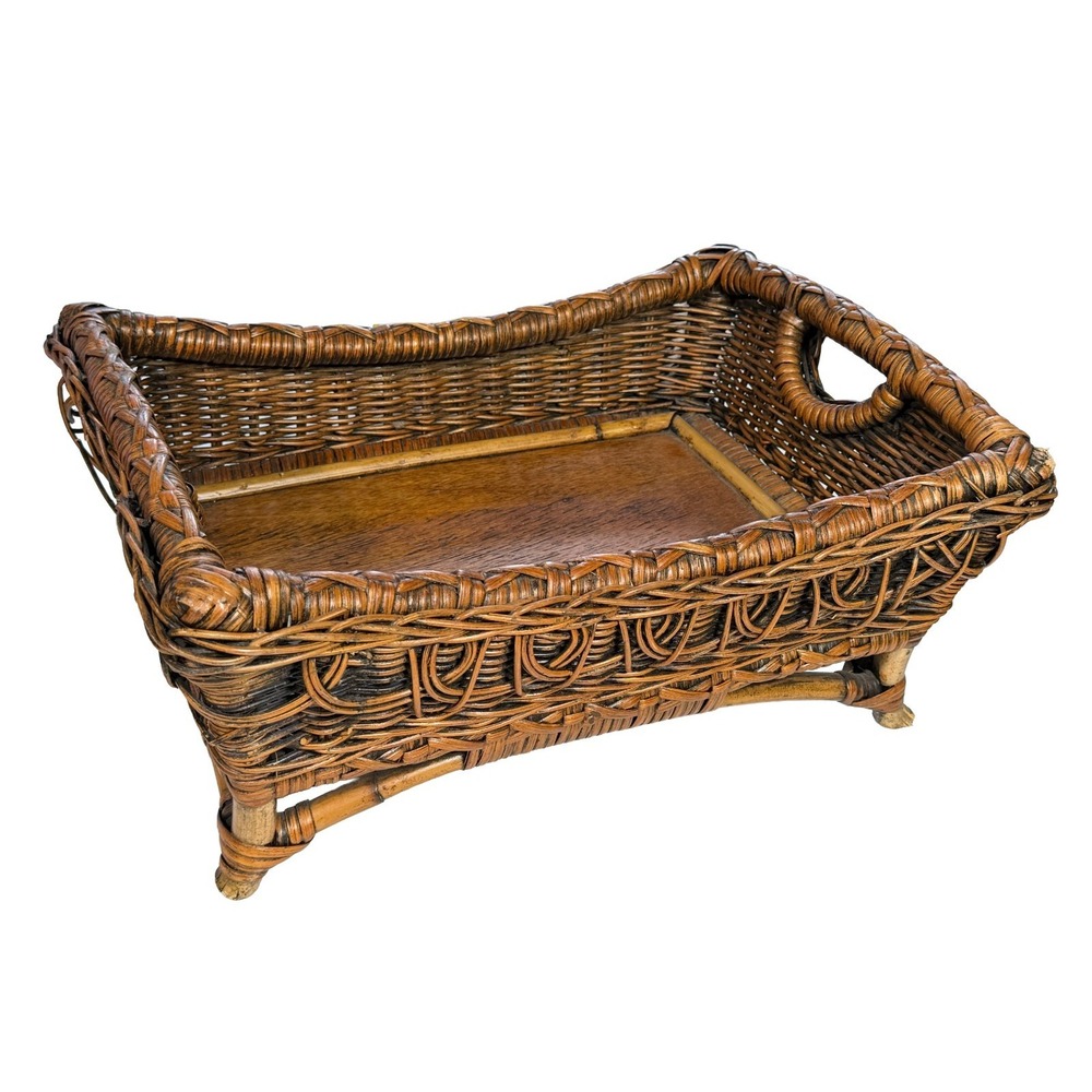 Vintage Footed Rattan Wicker Basket Tray Handles Wooden Base 17" x 13" - Picture 2 of 7